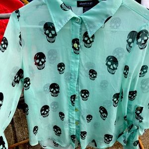About A Girl Green blouse with skulls